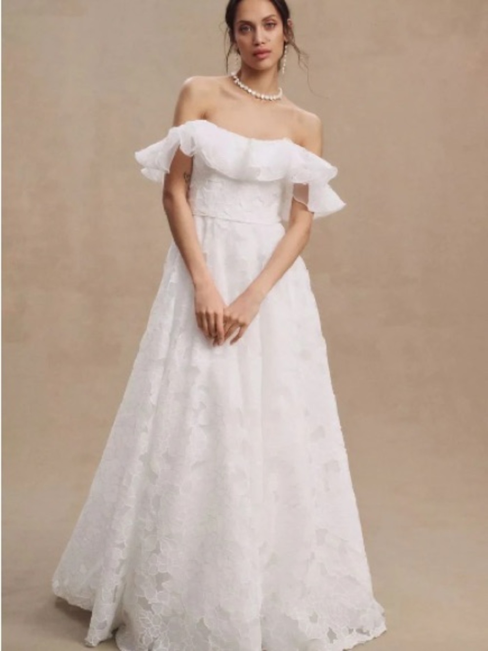 Jenny Yoo Off-the-Shoulder White Floral Lace A-Line Gown